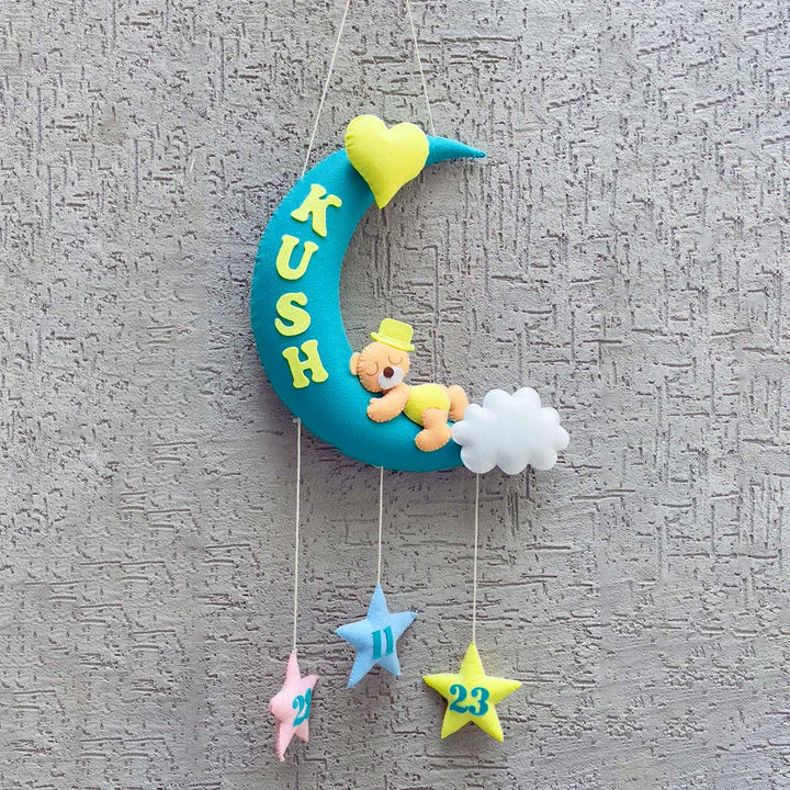Handmade Sleeping Teddy On A Moon Kids Felt Name Hanging With Birthdate - Hanging on Wall Display