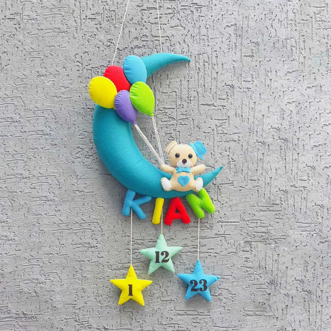 Handmade Teddy On A Moon Kids Felt Name Hanging With Birthdate 1 - Front View Hanging on Wall