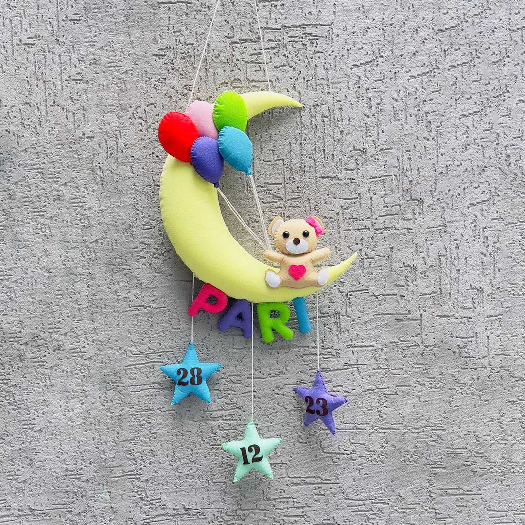 Handmade Teddy On A Moon Kids Felt Name Hanging With Birthdate 1 - Hanging Close-up with Custom Name