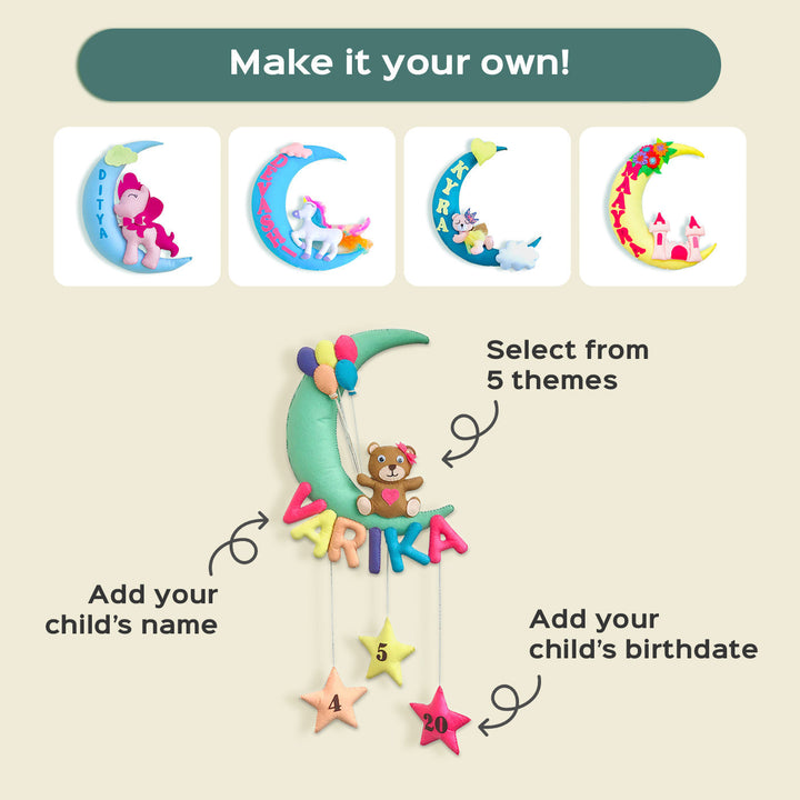 Handmade Teddy On A Moon Kids Felt Name Hanging With Birthdate 1 - Name Personalization Example with Date