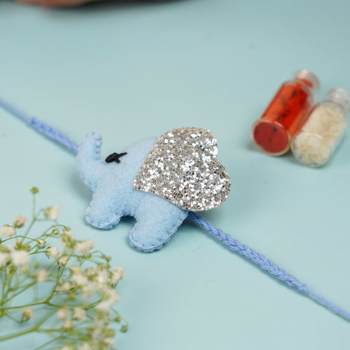 Handmade Glitter Elephant Felt Rakhi With Roli Chawal - Blue Elephant Rakhi with Thread