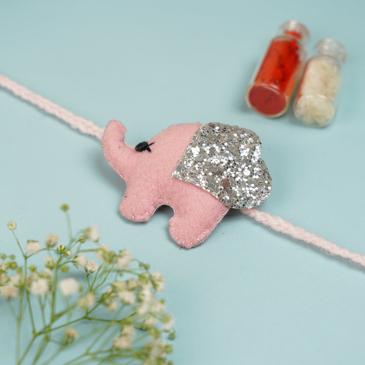 Handmade Glitter Elephant Felt Rakhi With Roli Chawal - Pink Elephant Rakhi on Thread