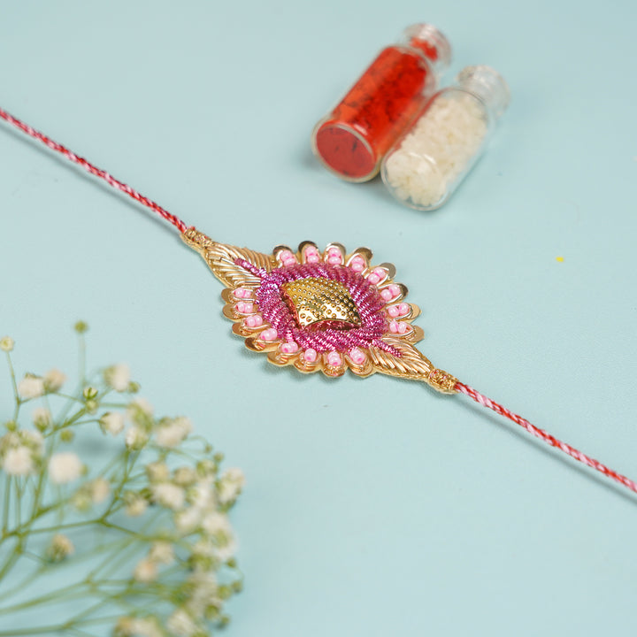 Handmade Gota Patti Design Rakhi With Roli Chawal For Brother And Sisters - Rakhi with Roli and Chawal Bottles