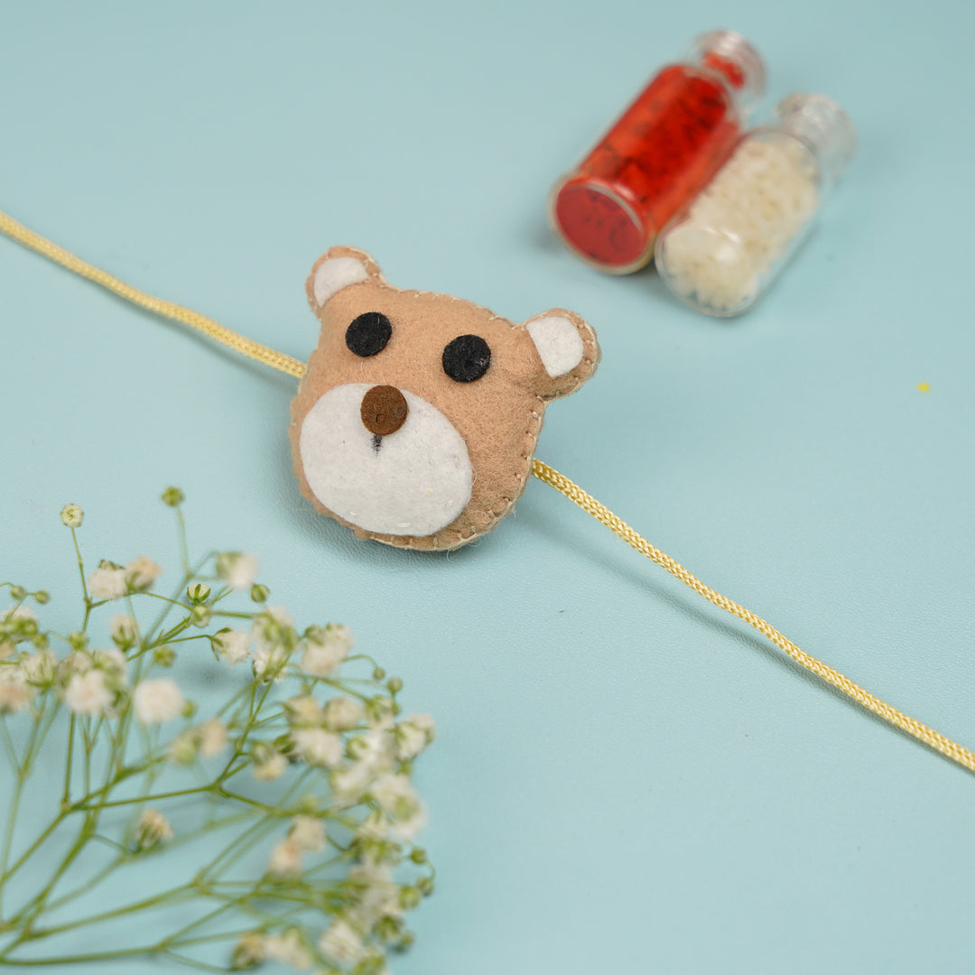 Handmade Teddy Theme Felt Rakhi With Roli Chawal - Bear Face Rakhi with Roli Chawal Set