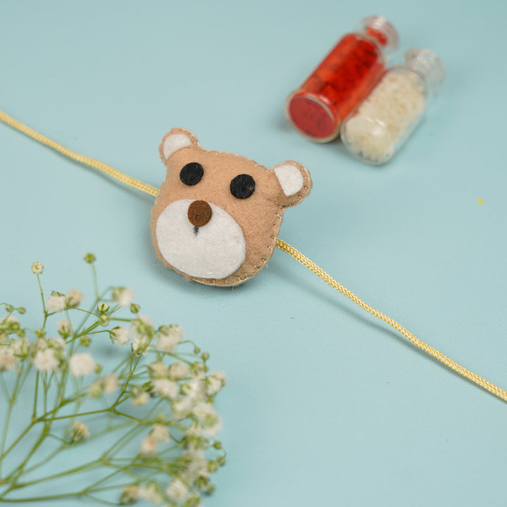 Handmade Teddy Theme Felt Rakhi With Roli Chawal - Bear Face Rakhi with Roli Chawal Set