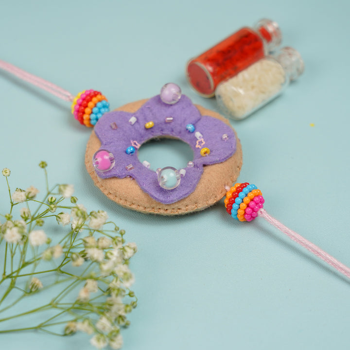 Handmade Doughnut Theme Felt Rakhi With Roli Chawal - Close-up with Roli Chawal