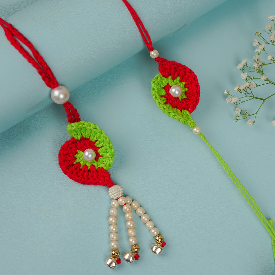 Customized Handmade Crochet Spiral Bhaiya Bhabhi Rakhi With Roli Chawal - Front View