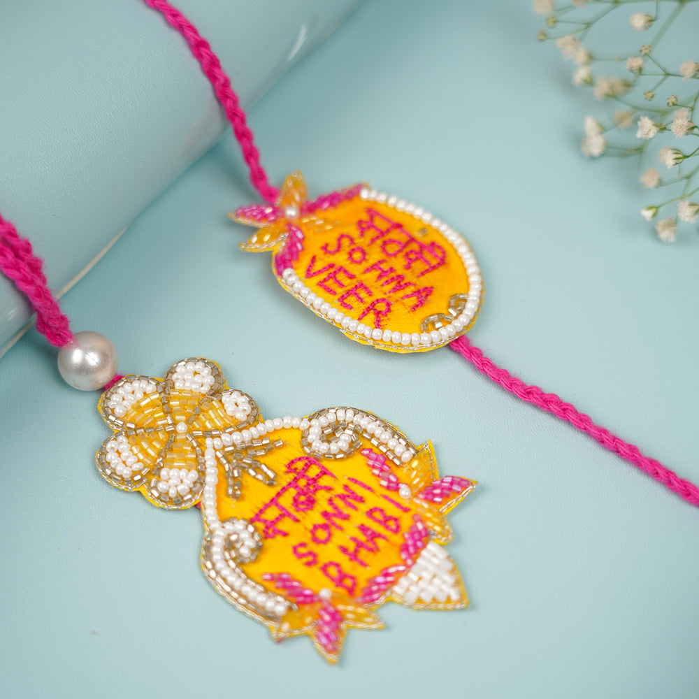 Handmade Beaded Sabse Sona Bhaiya Bhabhi Rakhi With Roli Chawal - Threaded Beaded Pendant Close-up