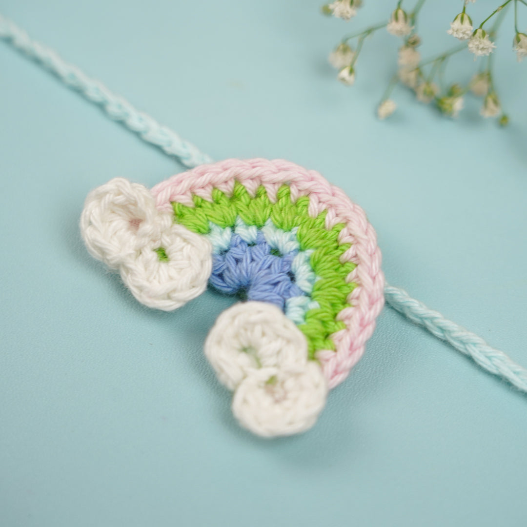 Handmade Crochet Rainbow Rakhi With Roli Chawal 1 - Macro Detail Close-up