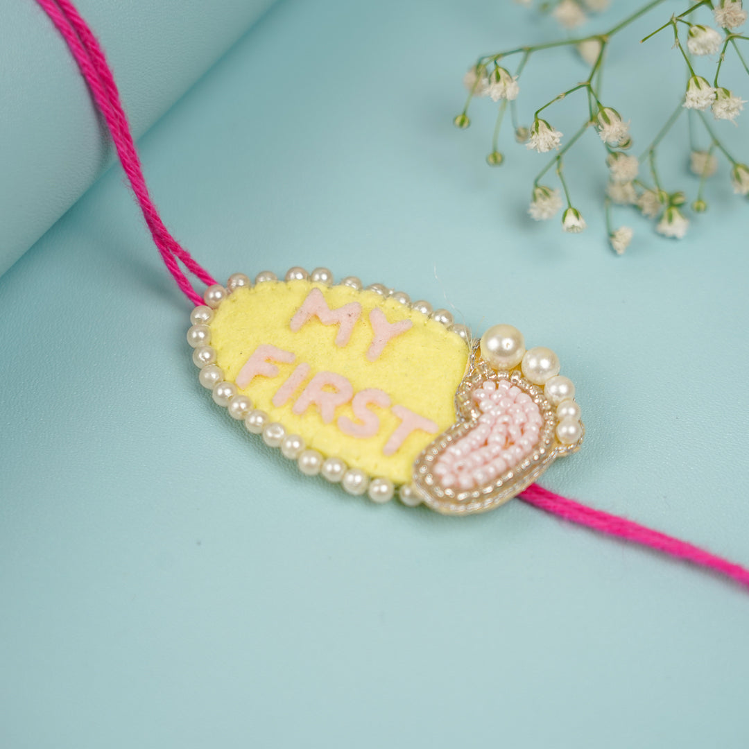 Customized Handmade Beaded My First Rakhi With Roli Chawal For Newborns 10 - Flat Lay Rakhi Detail (8)