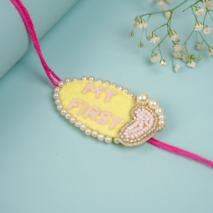 Customized Handmade Beaded My First Rakhi With Roli Chawal For Newborns 10 - Flat Lay Rakhi Detail (8)