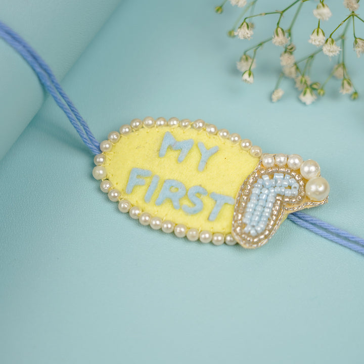 Customized Handmade Beaded My First Rakhi With Roli Chawal For Newborns 10 - Flat Lay Rakhi Detail