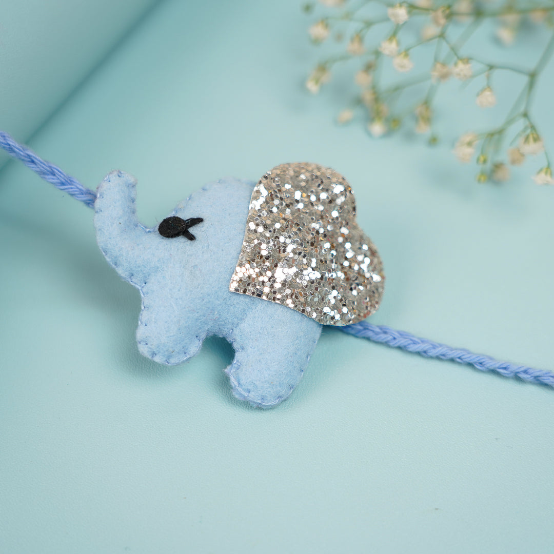 Handmade Glitter Elephant Felt Rakhi With Roli Chawal - Blue Elephant Rakhi Close-up (7)