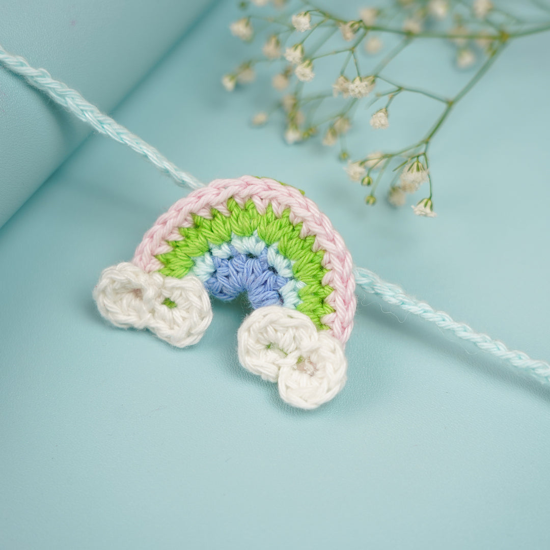 Handmade Crochet Rainbow Rakhi With Roli Chawal 1 - Close-up Front View
