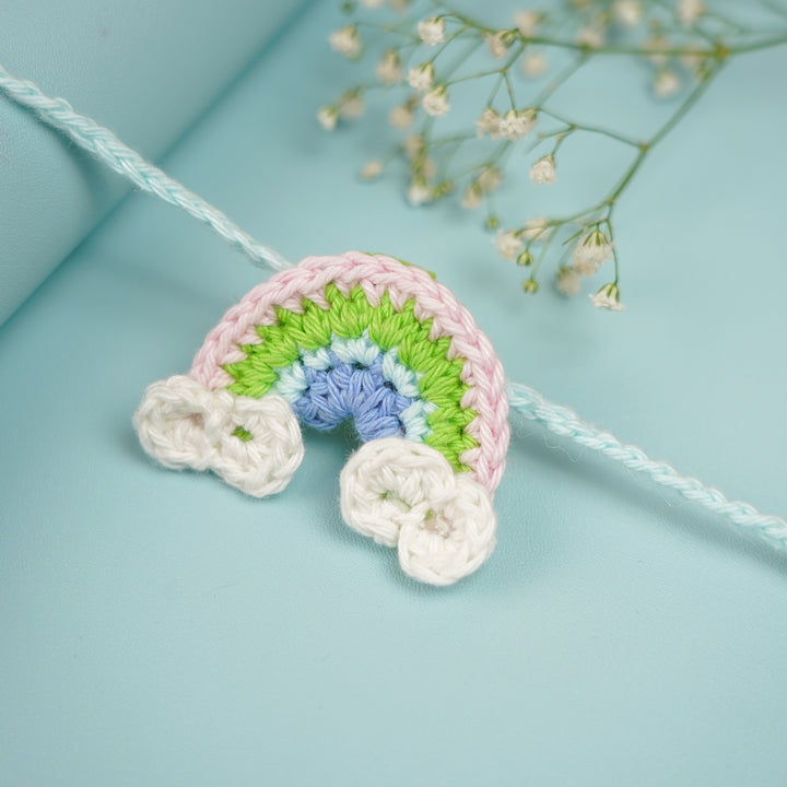 Handmade Crochet Rainbow Rakhi With Roli Chawal 1 - Close-up Front View