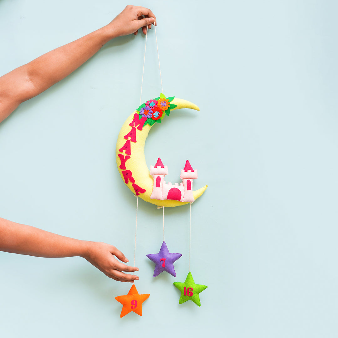 Handmade Castle On The Moon Kids Felt Name Hanging With Birthdate 1 - Held Hanging Display
