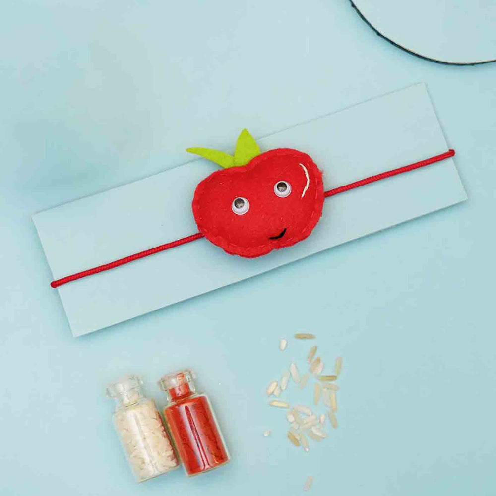 Handmade Apple Felt Rakhi With Roli Chawal - Single rakhi on display card