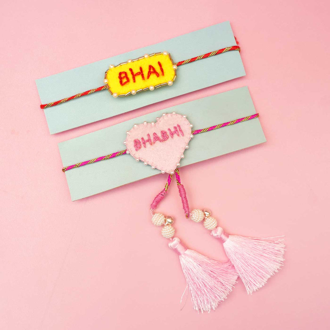 Handmade Felt Bhaiya Bhabhi Rakhi With Roli Chawal Set Of 2 - Pair Display on Cards
