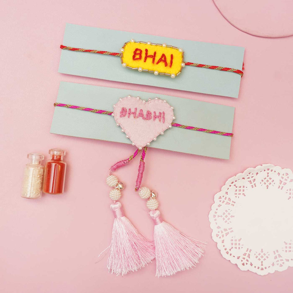 Handmade Felt Bhaiya Bhabhi Rakhi With Roli Chawal Set Of 2 - Rakhis with Decorative Items