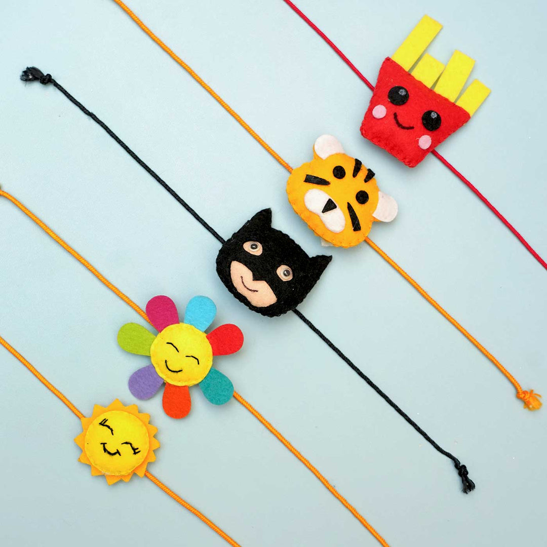 Handmade Controller Felt Rakhi With Roli Chawal - Five Character Bracelets Arrangement