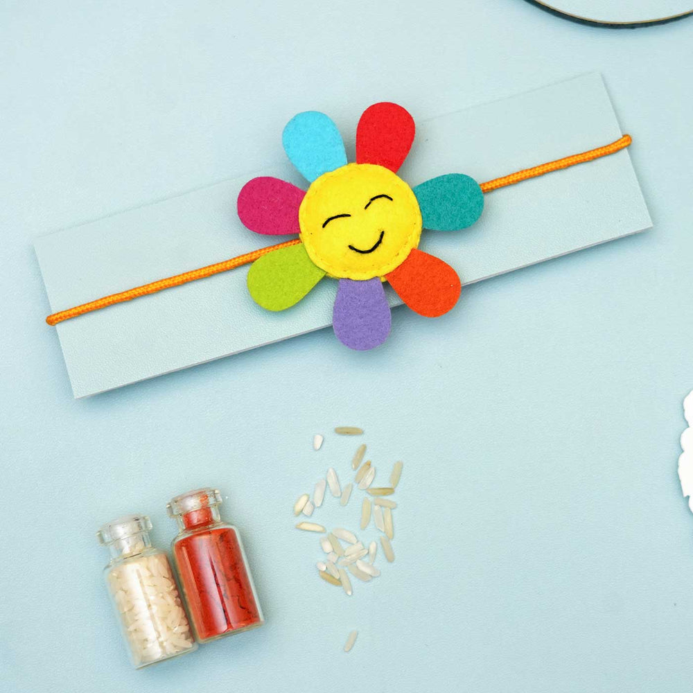 Handmade Sunflower Felt Rakhi With Roli Chawal - Single Flower Rakhi on Packaging Card