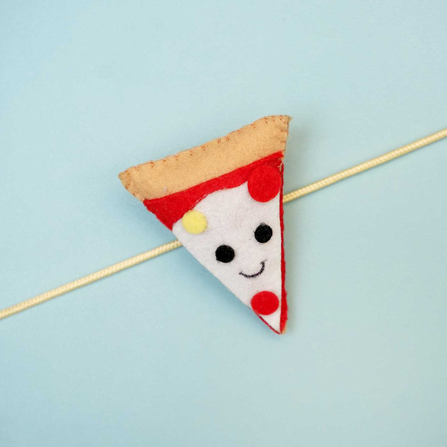 Handmade Pizza Felt Rakhi With Roli Chawal - Single Pizza Slice Close-up