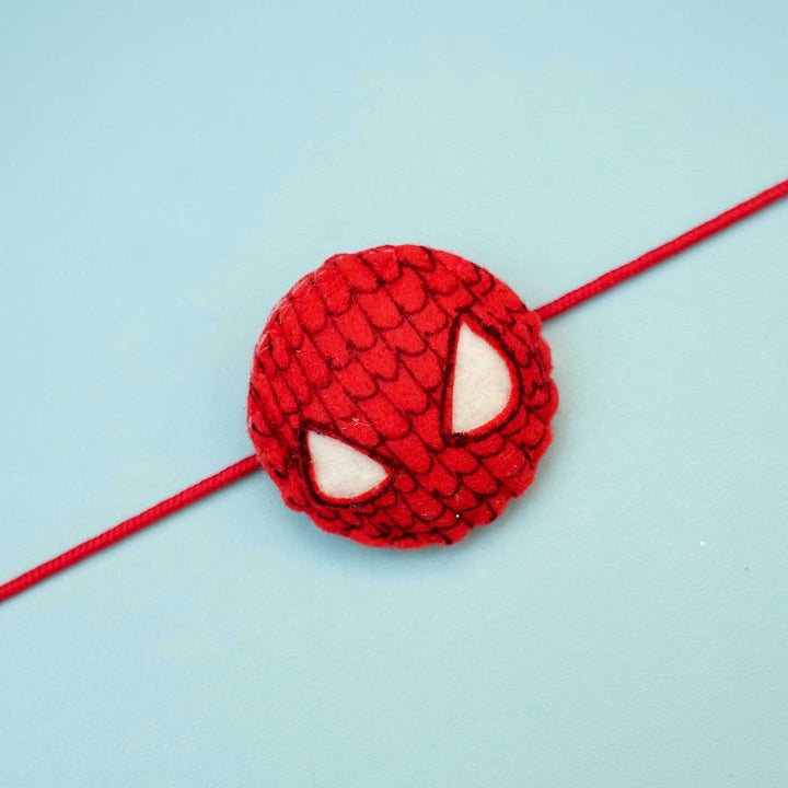 Handmade Spider Man Felt Rakhi With Roli Chawal - Close-up Front View