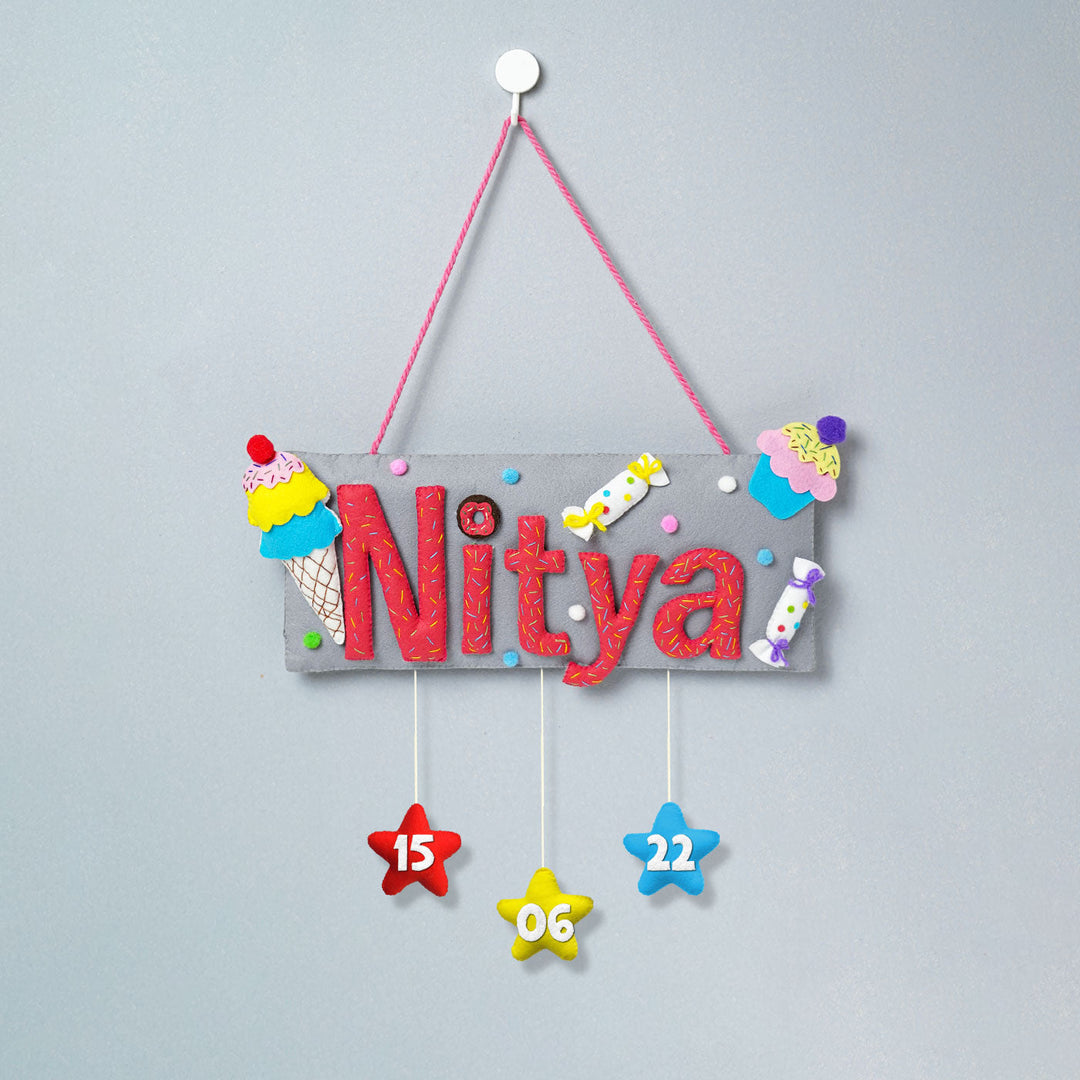 Handcrafted Ice Cream Candy Themed Rectangle Felt Name Plate For Kids - Hanging Wall Sign Front View