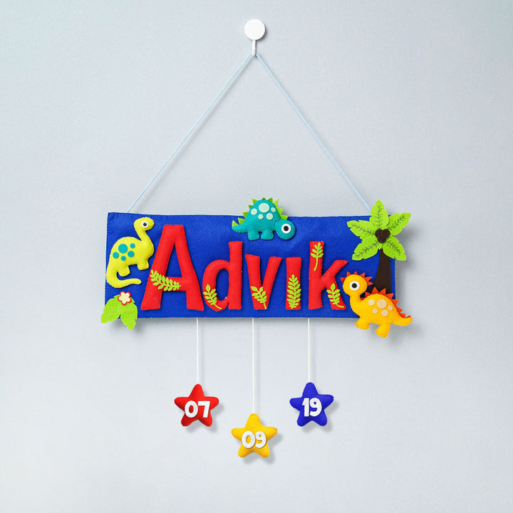 Handcrafted Dinosaur Themed Rectangle Felt Name Plate For Kids - Hanging Name Personalization Display