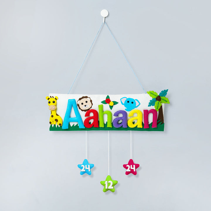 Handcrafted Animal Safari Themed Rectangle Felt Name Plate For Kids - Hanging with Personalized Name Display