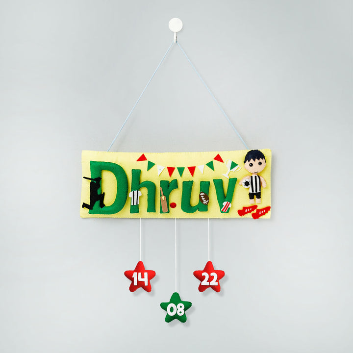 Handcrafted Sports Themed Rectangle Felt Name Plate For Kids - Hanging Front View Showing Personalization