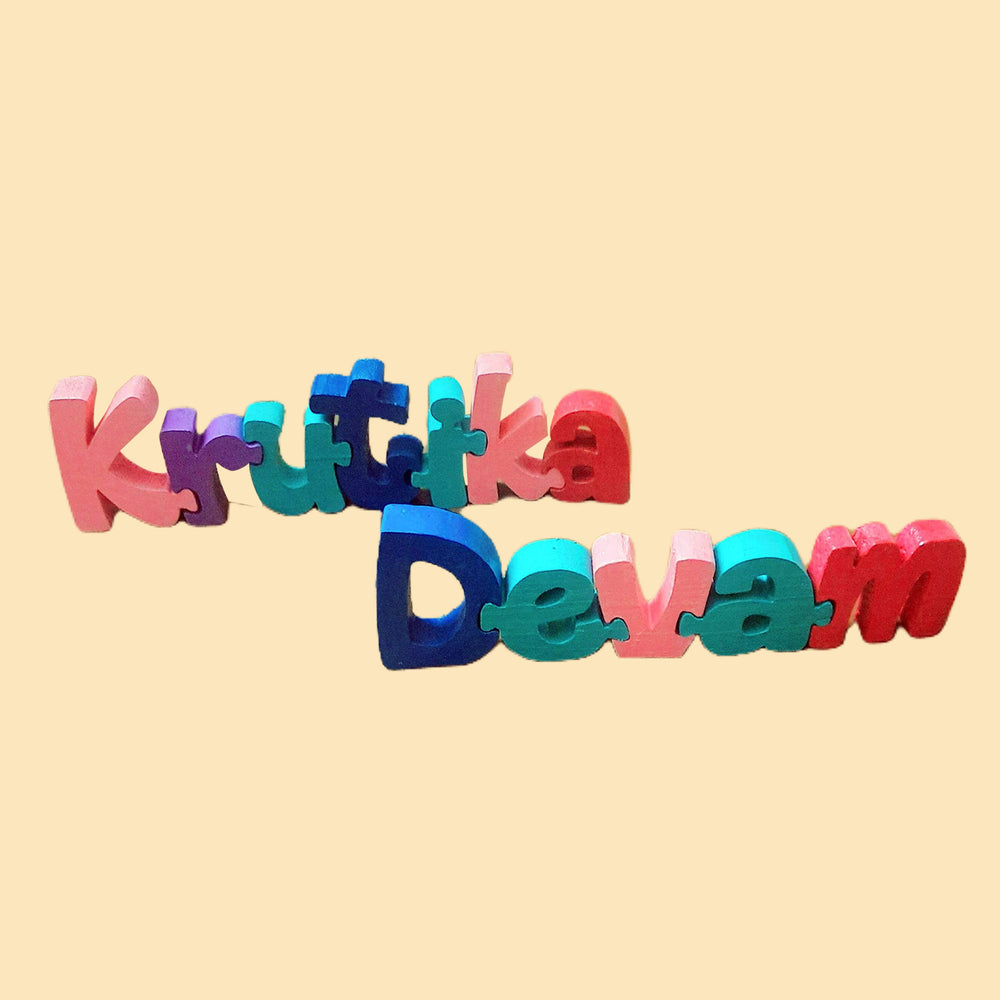 Hand Painted Wooden Jigsaw Name Blocks For Couples - Name Personalization Example Front Angle