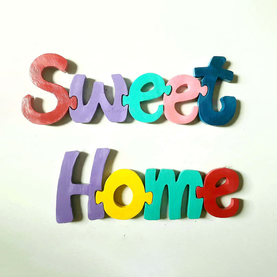 Hand Painted Wooden Jigsaw Name Blocks For Housewarming - Front View of Letter Puzzle Words