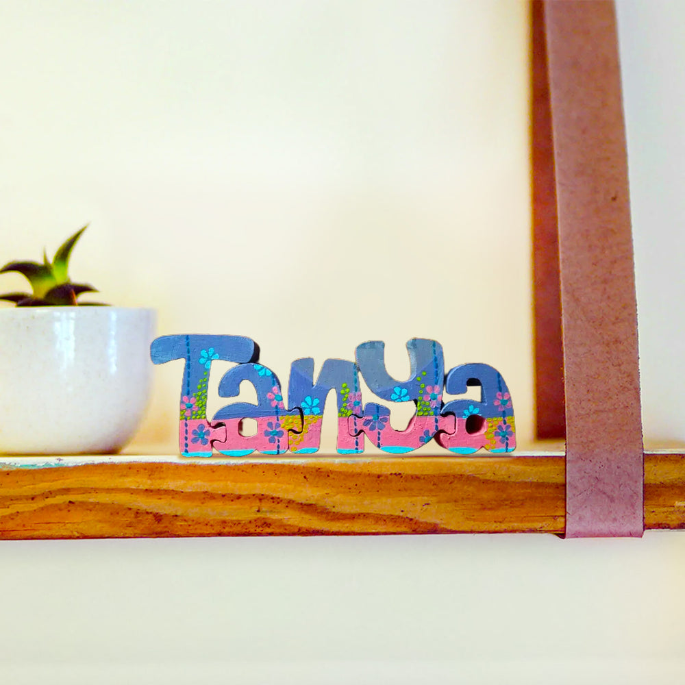 Hand Painted Interlockable Aqua Themed Wooden Self Standing Name Plate - Name Personalization Example on Shelf