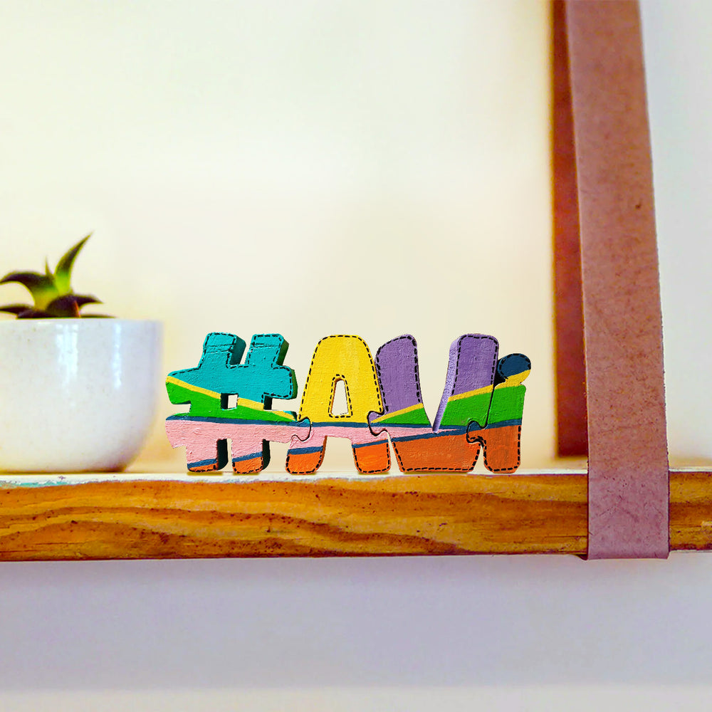 Hand Painted Interlockable Zip Themed Wooden Self Standing Name Plate - Side View on Shelf Edge