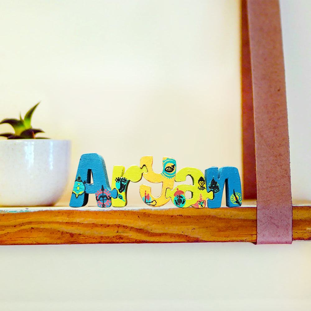 Hand Painted Interlockable Dashavatar Themed Wooden Self Standing Name Plate - Front View on Shelf Display