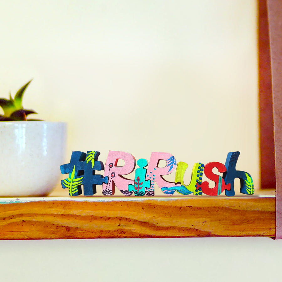 Hand Painted Wooden Jigsaw Name Blocks For Wedding Celebrations - Front View on Wooden Shelf