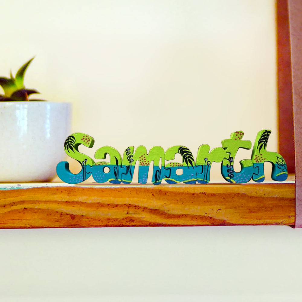 Hand Painted Interlockable Sandy Beach Themed Wooden Self Standing Name Plate - Name Personalization Example on Shelf