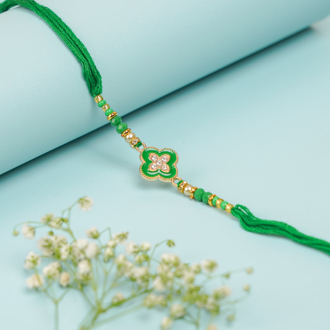 Handmade Green Jadtar Rakhi With Roli Chawal - Front View
