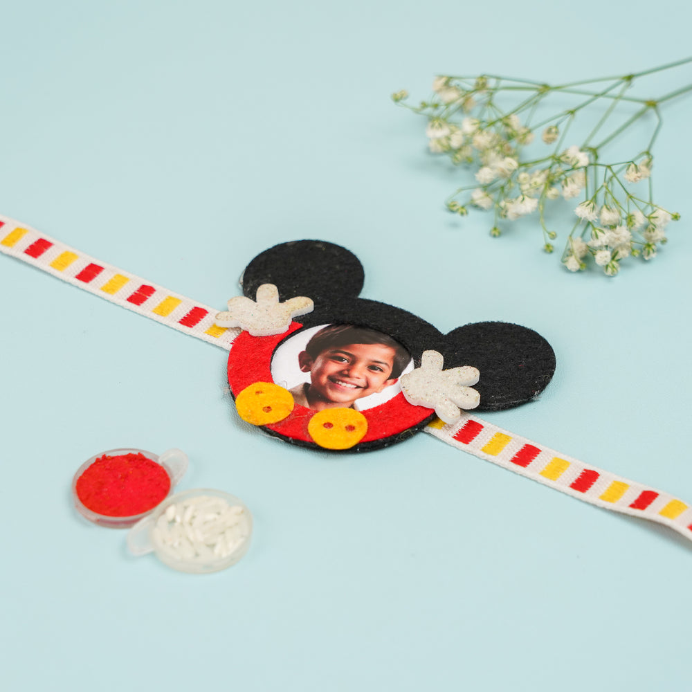 Photo Personalized Resuable Mickey Mouse Theme Felt Kids Rakhi With Roli Chawal - Top View with Additional Accessories