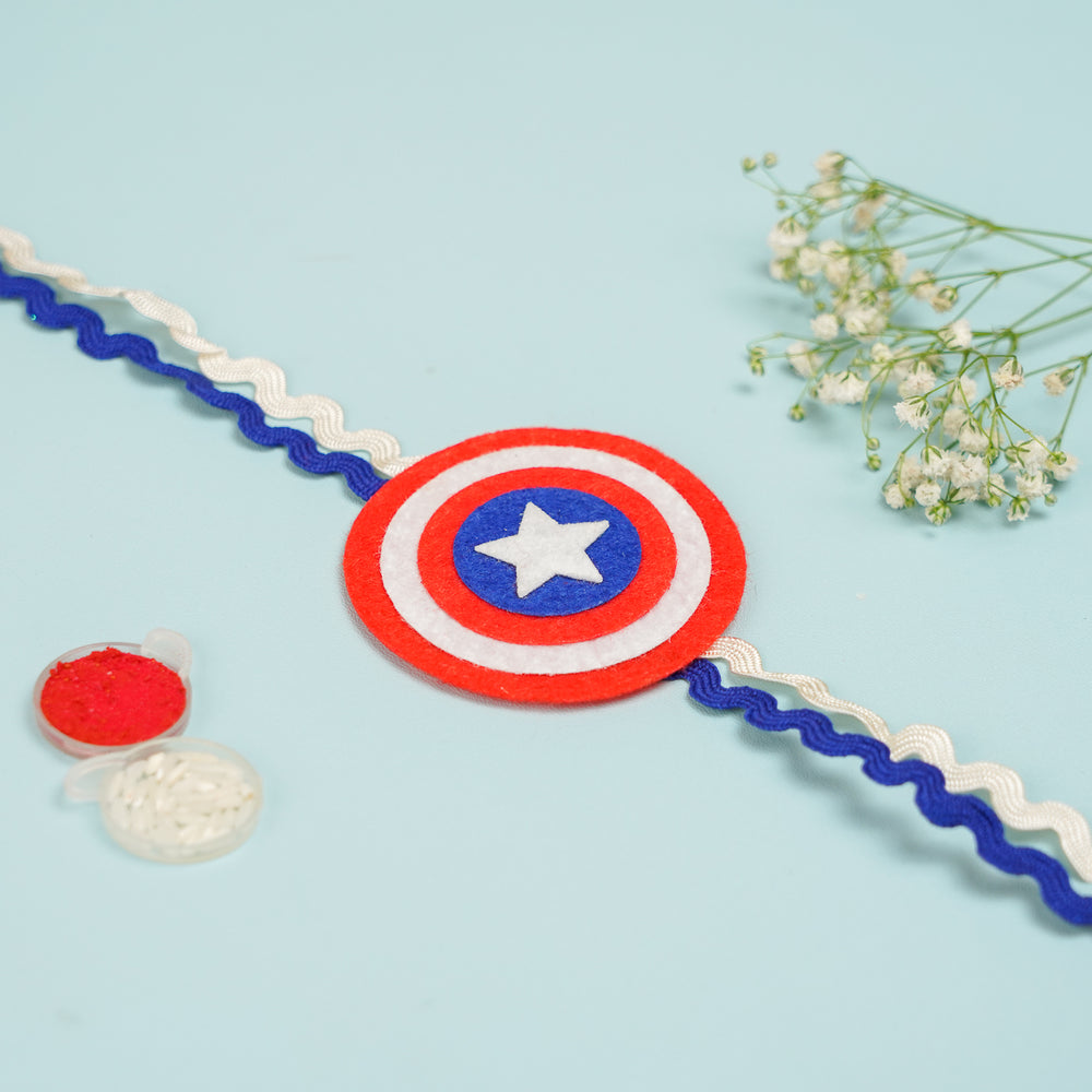 Handmade Captain America Theme Felt Kids Rakhi With Roli Chawal 2 - Flat Lay Showing Full Band