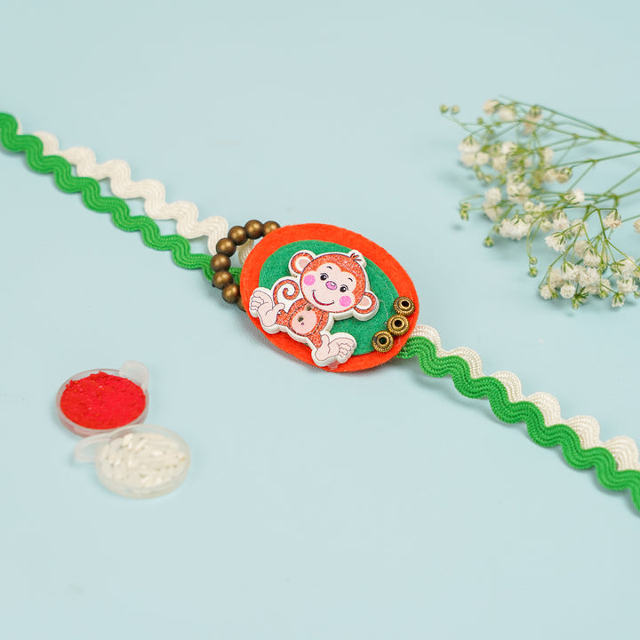 Handmade Monkey Theme Felt Kids Rakhi With Roli Chawal 1 - Full View with Accessories Included