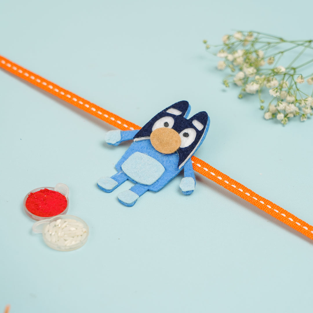 Handmade Bluey Theme Felt Kids Rakhi With Roli Chawal - Styled with Red and White Powders