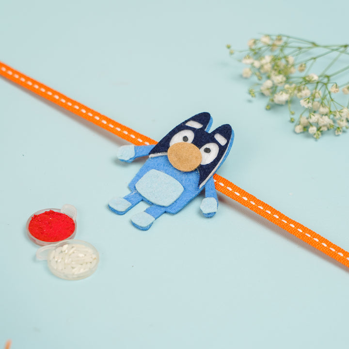 Handmade Bluey Theme Felt Kids Rakhi With Roli Chawal - Styled with Red and White Powders