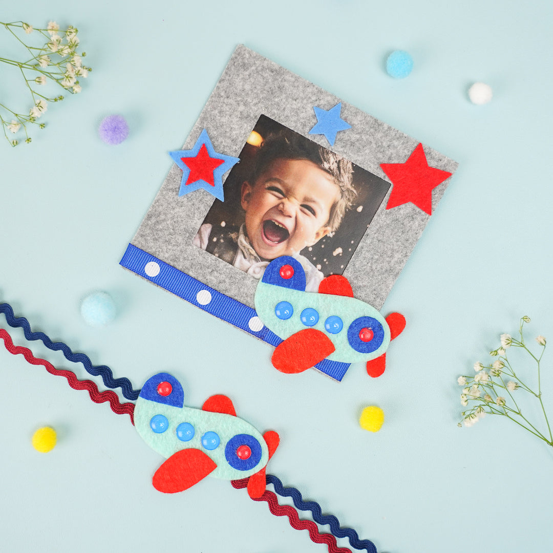 Photo Personalized Aeroplane Theme Felt Rakhi Hamper With Roli Chawal Includes 1 Magnetic Photo Frame 1 Rakhi - Decorative Photo Frame with Airplanes