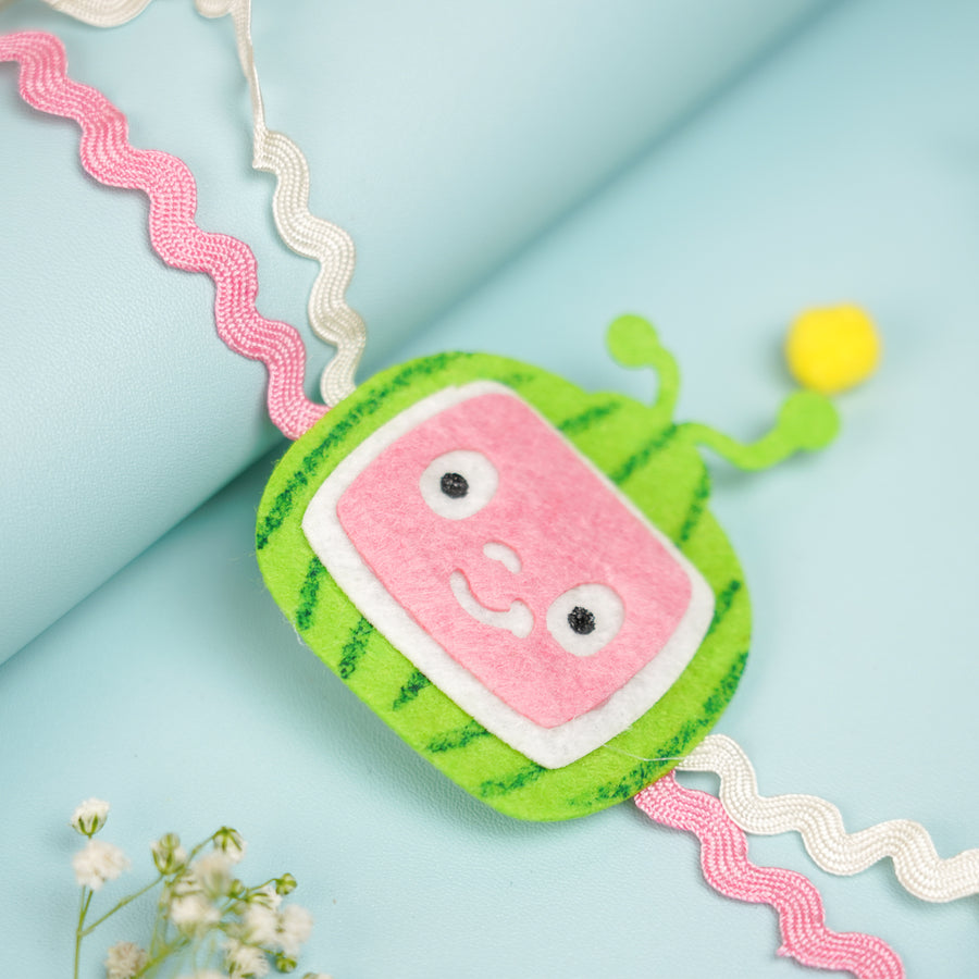 Handmade Cocomelon Theme Felt Kids Rakhi With Roli Chawal 2 - Close-up of Face Detail