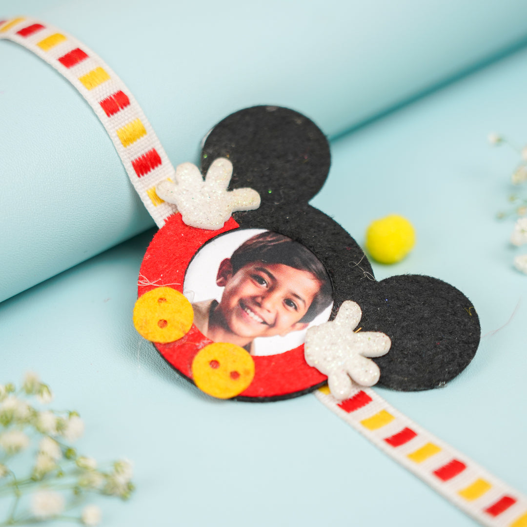 Photo Personalized Resuable Mickey Mouse Theme Felt Kids Rakhi With Roli Chawal - Close-up with Photo Insert