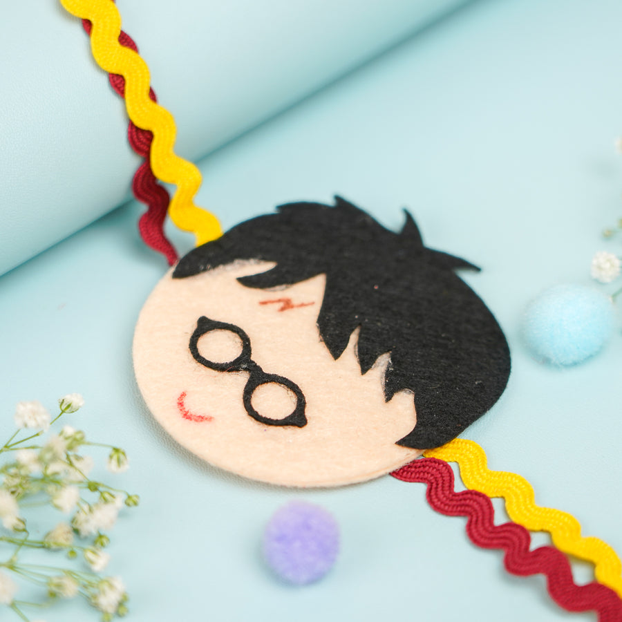 Handmade Harry Potter Theme Felt Kids Rakhi With Roli Chawal - Close-up of Character Detail