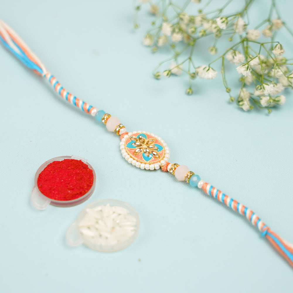 Handmade Beaded Peach And Blue Rakhi With Roli Chawal Set Of 2 - Bracelet with decorative powders and flowers