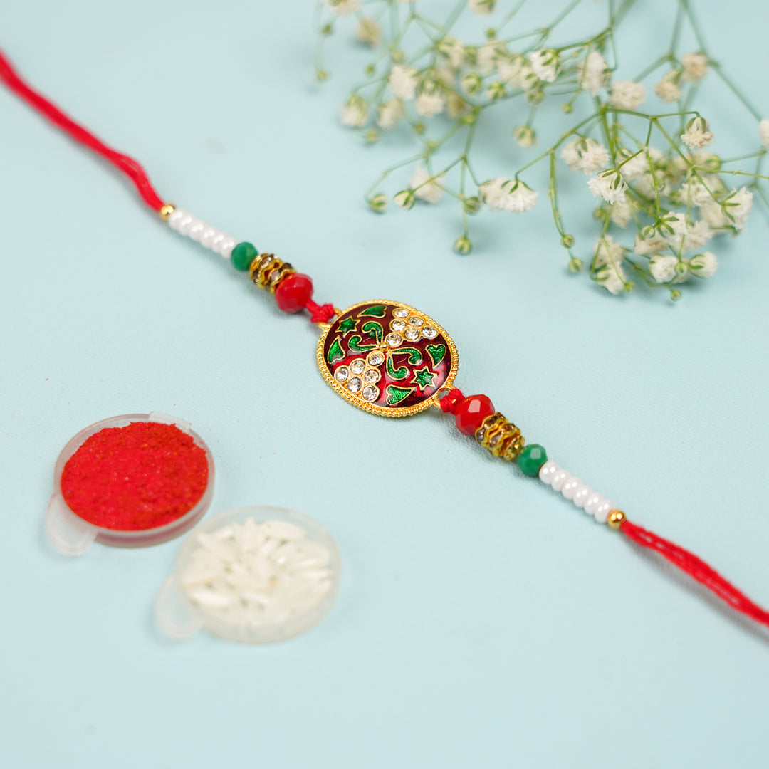 Handmade Red Oval Jadtar Rakhi With Roli Chawal - Rakhi with Roli and Rice Bowls